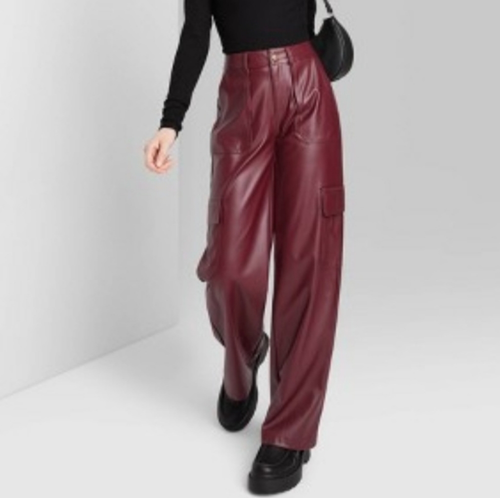 Women's High-Rise Straight Leg Faux Leather Cargo Pants - Wild Fable Burgundy M